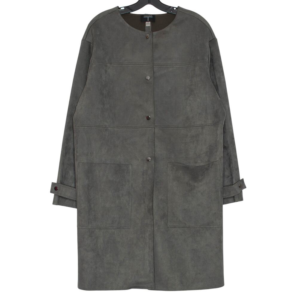 T Tahari Car Coat Faux Suede Minimalist Quiet Luxury Classic Neutral Gray Fall L